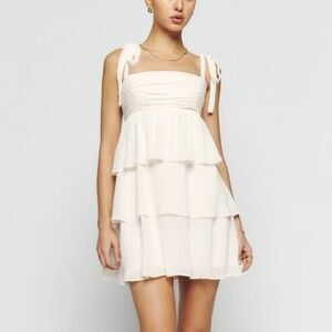 Reformation Avni White Ruffle Tiered Baby Doll Tie Strap Mini Dress NWT XS